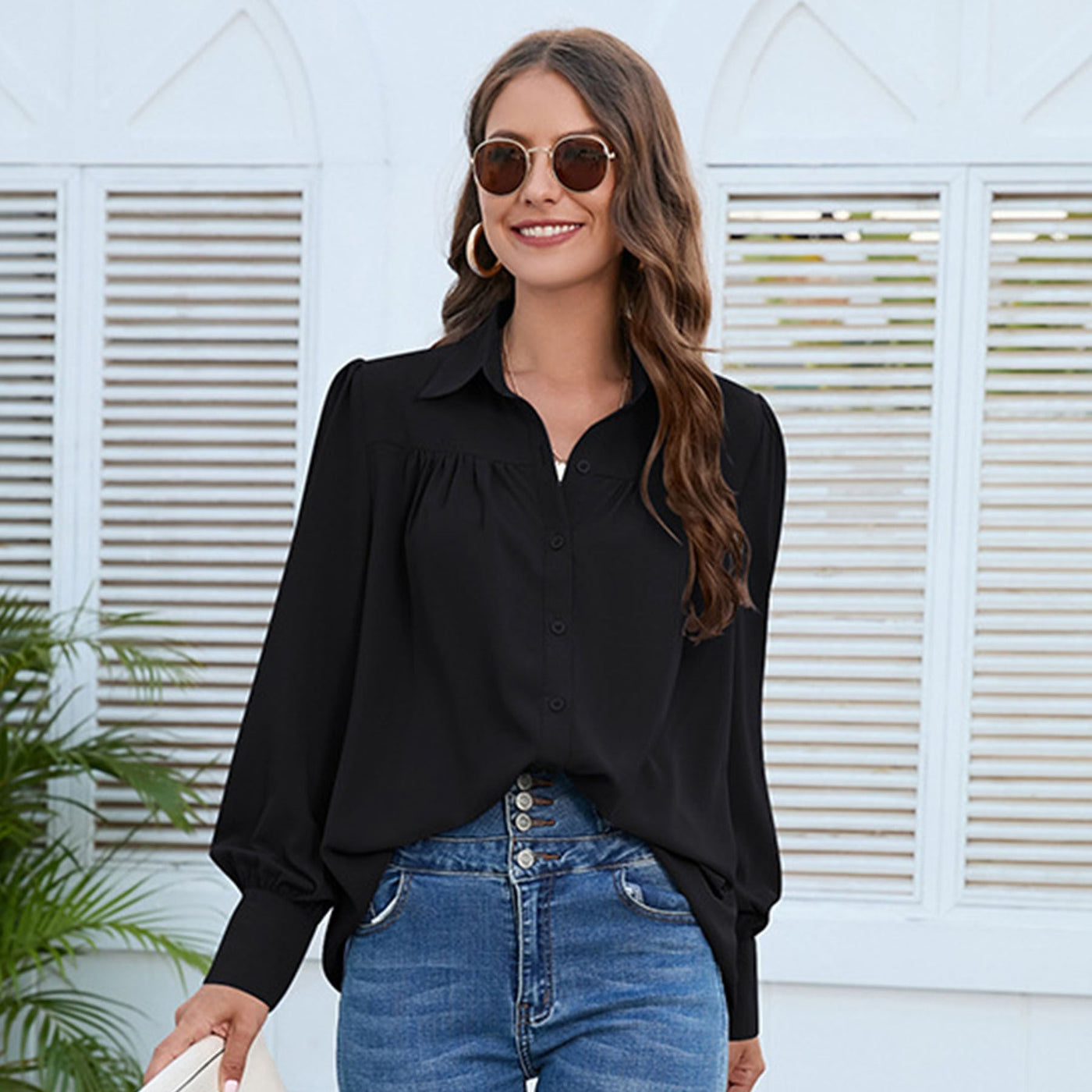 Elegant Pleated Chiffon Shirt for Women – Minimalist Long Sleeves in Solid Color