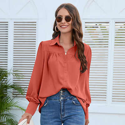 Elegant Pleated Chiffon Shirt for Women – Minimalist Long Sleeves in Solid Color
