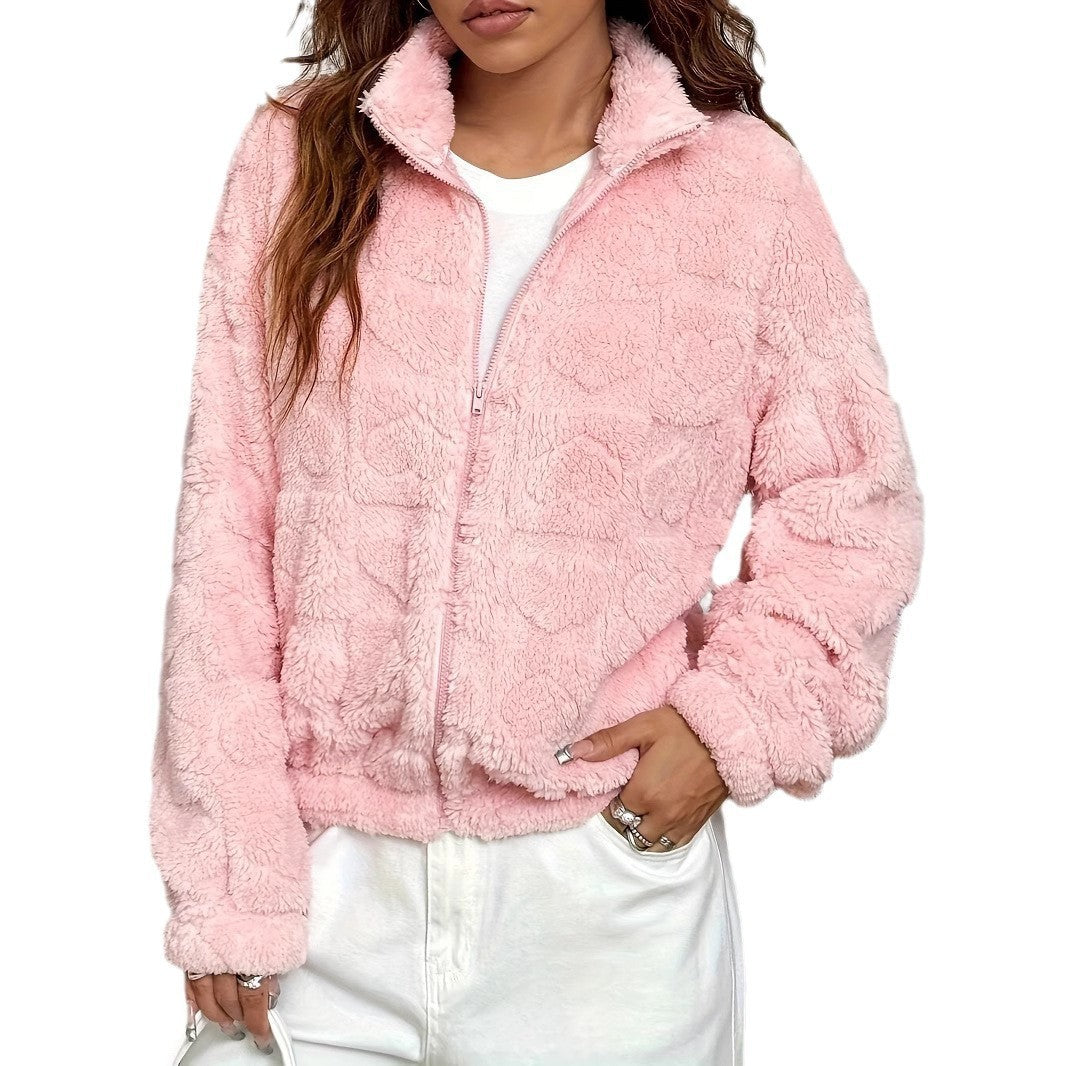 Double-Sided Fleece Jacket for Women – Zip-Up Cardigan Style with Stand Collar
