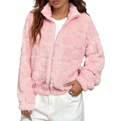 Double-Sided Fleece Jacket for Women – Zip-Up Cardigan Style with Stand Collar