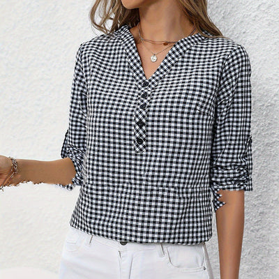 Classic Plaid Shirt with Three-Quarter Sleeves – Vintage-Inspired Style