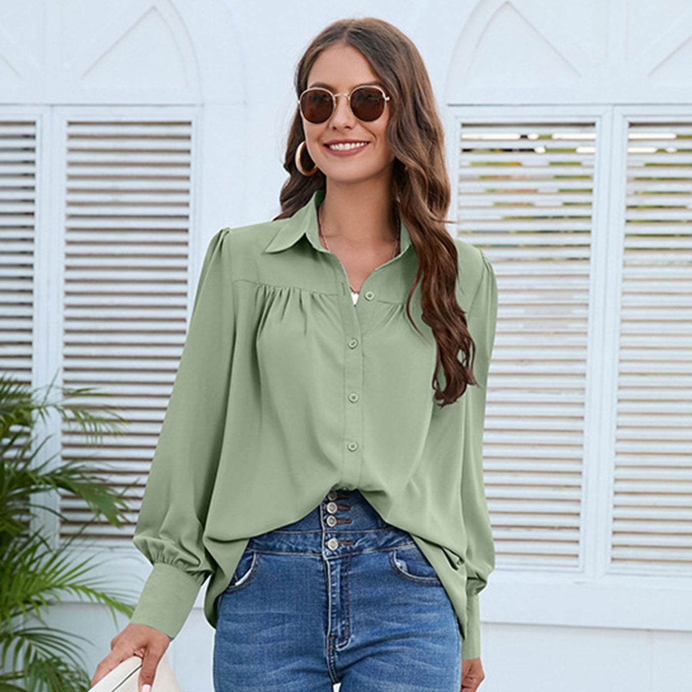 Elegant Pleated Chiffon Shirt for Women – Minimalist Long Sleeves in Solid Color