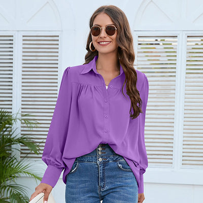 Elegant Pleated Chiffon Shirt for Women – Minimalist Long Sleeves in Solid Color