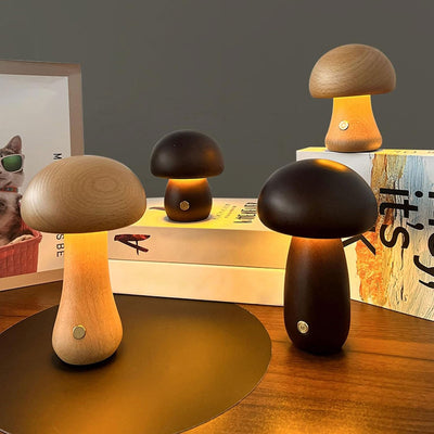 Dimmable LED Night Light – Wooden Mushroom Design with USB Charging 1