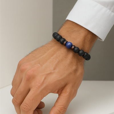 Men’s Bracelet with Natural Lava Stone and Wood Design 0