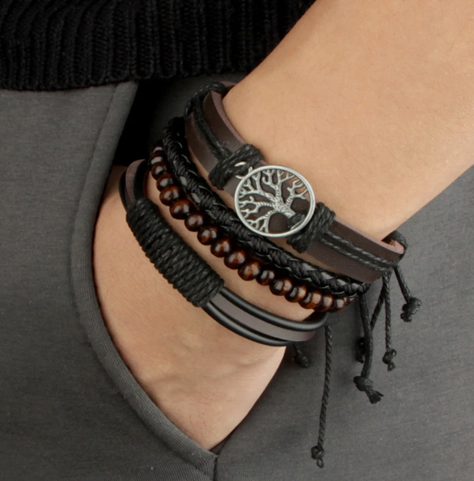 Men's Leather Bracelet Set with Unique Designs and Adjustable Closure 0
