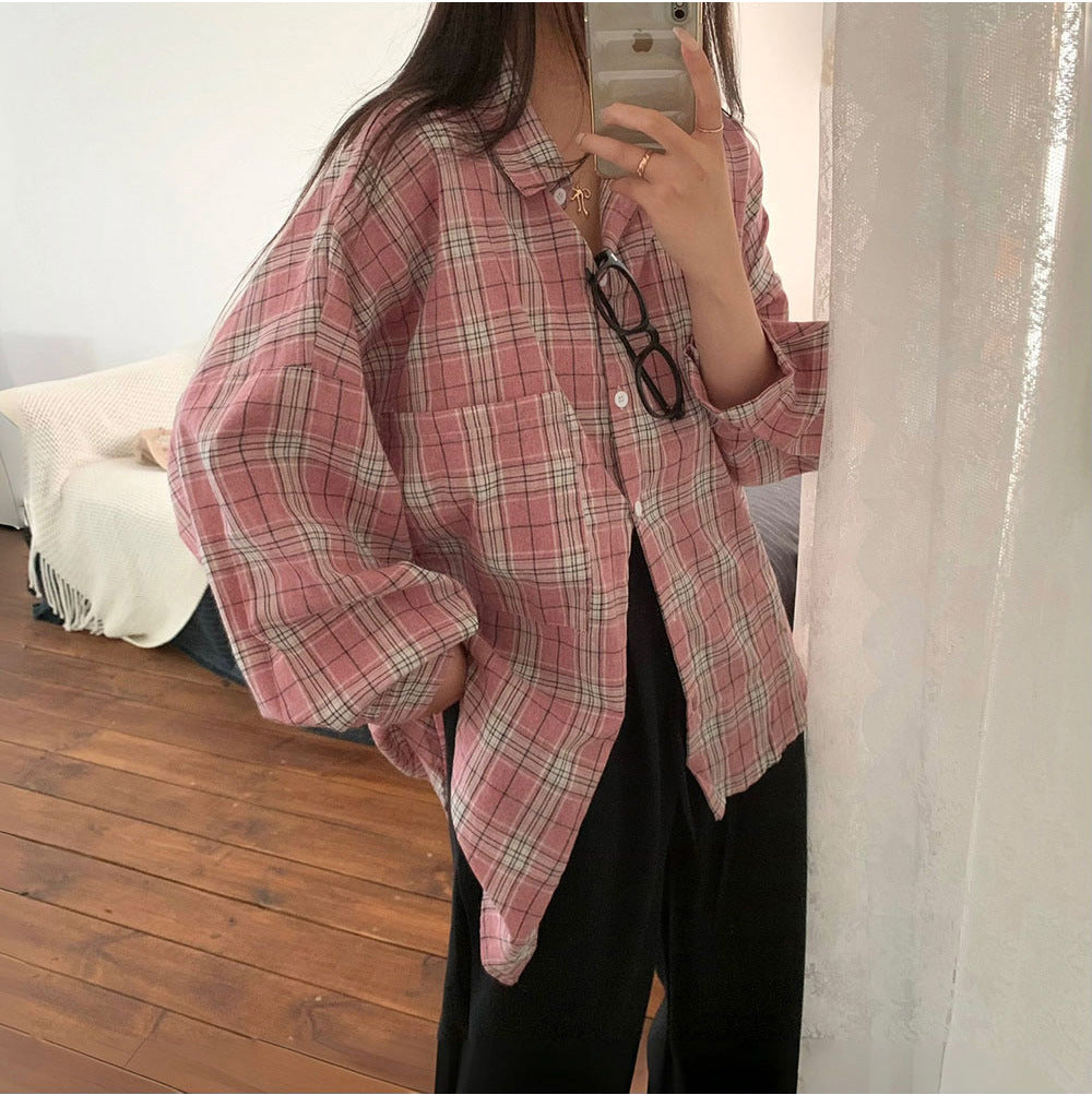 Versatile Plaid Shirt for Women – Loose Fit with Notched Collar for a Casual Style