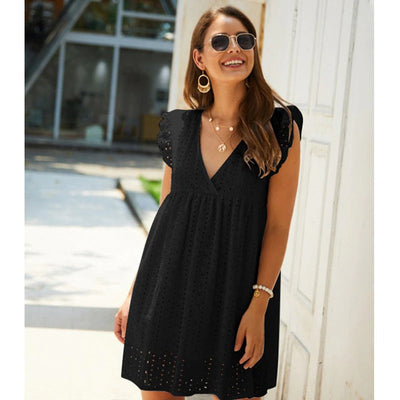 Women's Casual Mini Dress with V-Ring and Ruffled Sleeves 0
