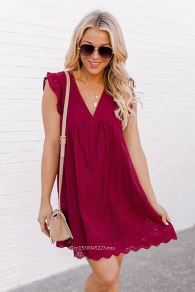 Women's Casual Mini Dress with V-Ring and Ruffled Sleeves 1