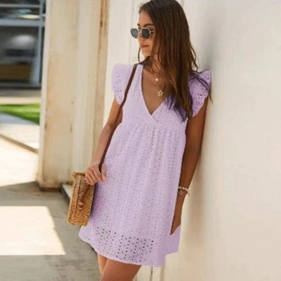 Women's Casual Mini Dress with V-Ring and Ruffled Sleeves 6