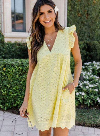 Women's Casual Mini Dress with V-Ring and Ruffled Sleeves 8