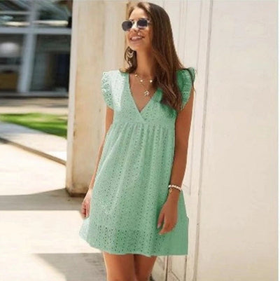 Women's Casual Mini Dress with V-Ring and Ruffled Sleeves 9